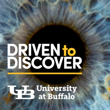 Background image of an eye, words read, "Driven to discover UB University at Buffalo.". 