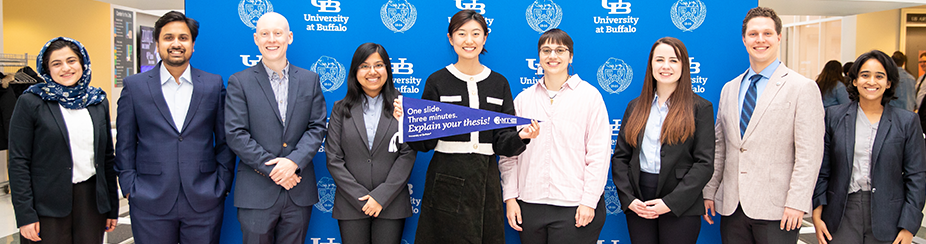 2023 3MT participants from left to right: Fae Hajhosseini, Md. Arafat Ali, Clayton Brady, Sandipa Bhattacharjee, Min Ma, Josie Diebold, Haley Chizuk, Leo Marecki and Mruganka Parasnis. 