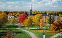 A building sits in the background of a fall foliage scenery with green grass and red and orange trees. 