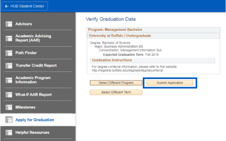 Screenshot of Verify Graduation Data screen with a box around Submit Application button. 