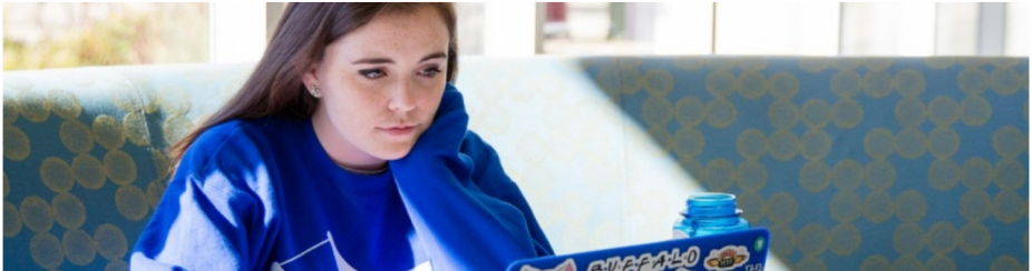 Student sitting alone working on a laptop. 