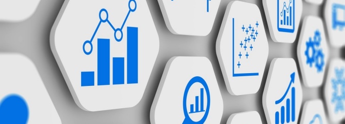 Business analytics and data science concept with graph and chart icons on 3D hexagonal grid, abstract illustration of KPI, metrics, information dashboard and analysis with clean modern design. 