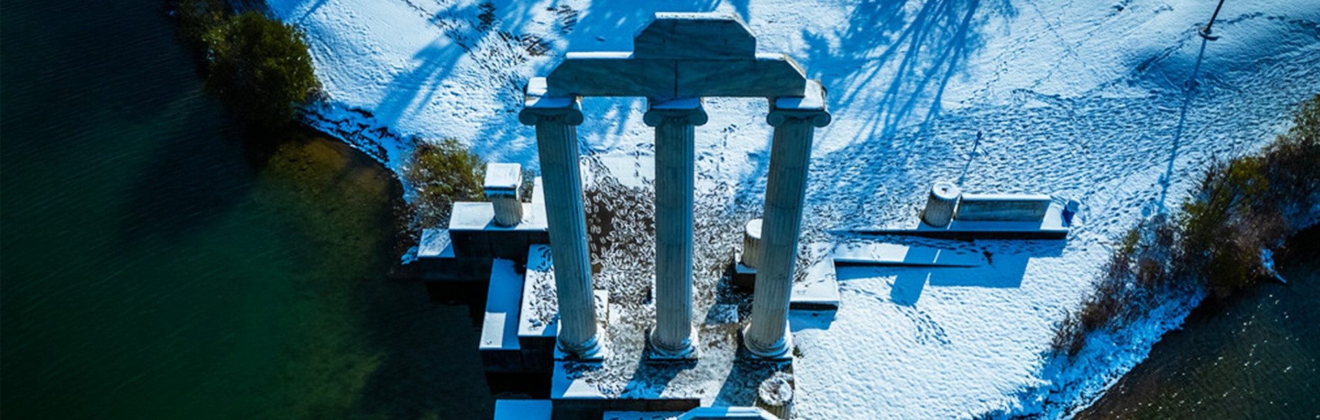 An overhead shot of Baird Point covered in snow. 