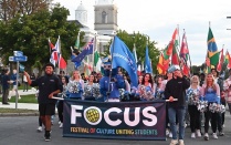 The FOCUS event included a parade from Hayes Hall to Goodyear Hall, with an array of flags from countries representative of the UB student body. 