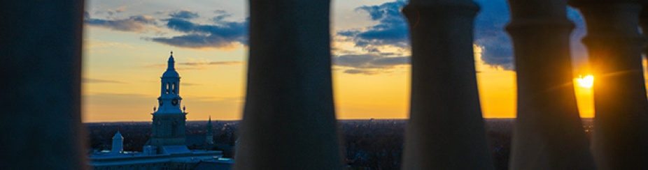 The sun sets over Hayes Hall and South Campus. 