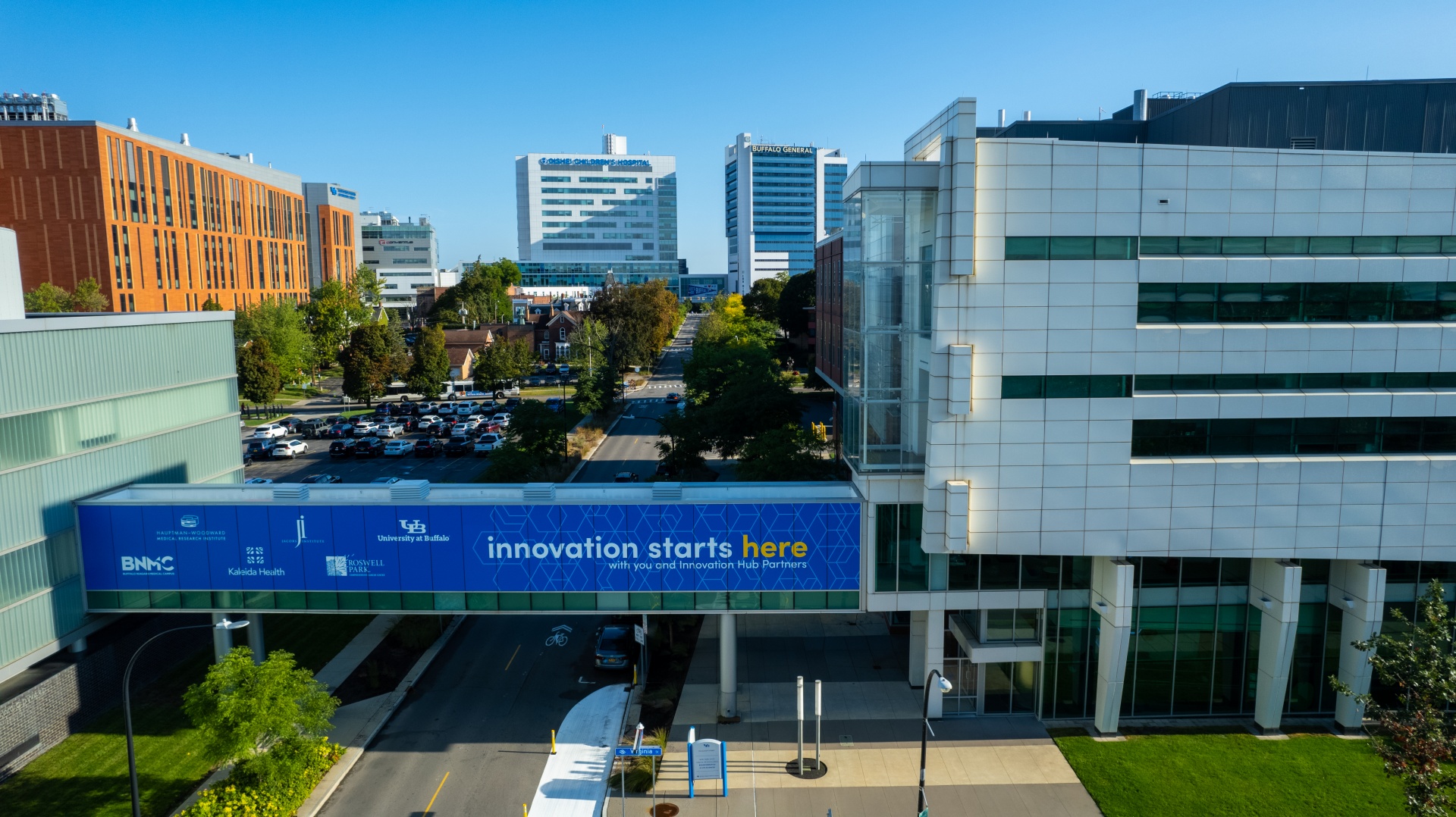 Aerial image of the Buffalo Niagara Medical Campus, including UB’s Medical School Building, home of the Jacobs School of Medicine and Biomedical Sciences and the Center of Excellence in Bioinformatics and Life Sciences, are photographed with a drone in September 2021. 