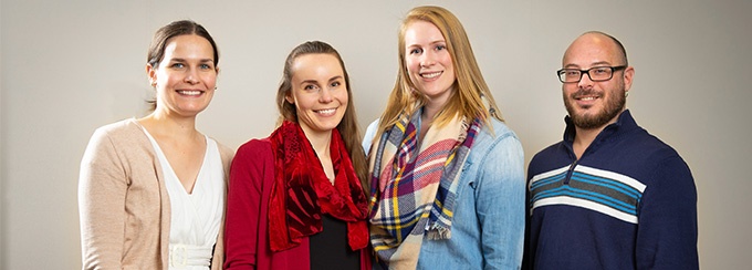 Portrait of (from left) Nichole M. Sell, PhD, Michelle J. Zaso, PhD, Liana S.E. Hone, PhD, Mauricio Suarez, PhD. They are current NIH-funded postdoctoral fellows working with UB's Clinical and Research Institute on Addictions. 