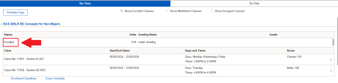 Zoom image: Info about a class with arrow pointing to Enrolled under Status