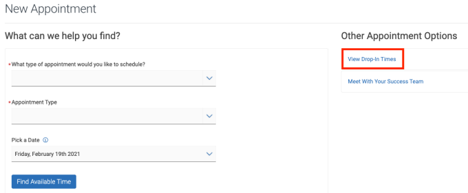 screenshot of New Appointment screen with circle around View Drop-In Times area. 