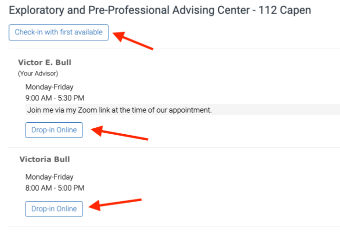 screenshot of various check-in buttons within the Exploratory & Pre-Professional Advising Center's location. 