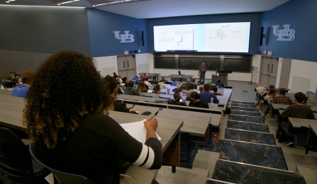 Photo from the back of one of the newly renovated Natural Sciences Complex lecture halls. 