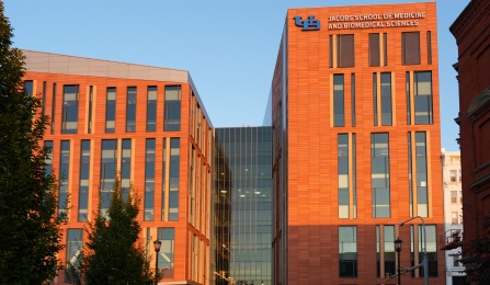 Exterior photo of UB's Jacobs School of Medicine and Biomedical Sciences. 