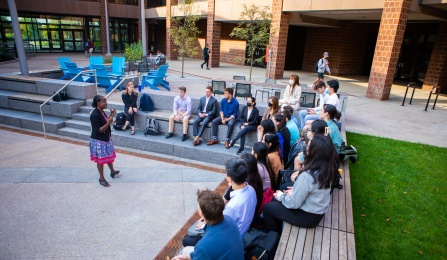 Photo of Prof. Siaw-Asamoah teaching in UB's Paula T. Agrusa Plaza. 