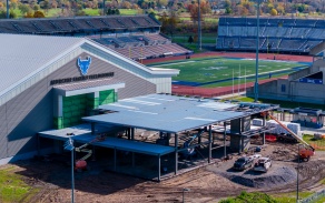 Aerial photo of the ongoing construction on the Brittany Murchie Mulla Sports Performance Complex. 