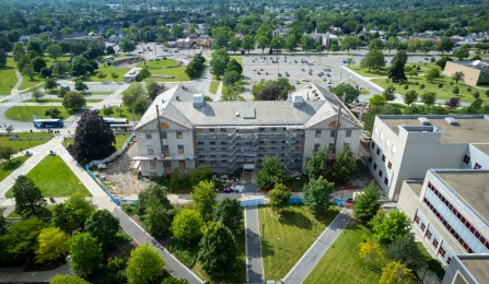 Aerial photo of Foster Hall. 