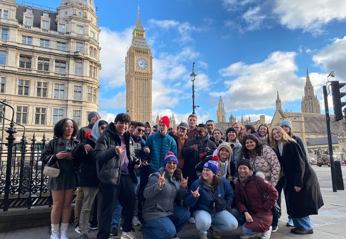 Study abroad participants pose in front of Big Ben in London. 